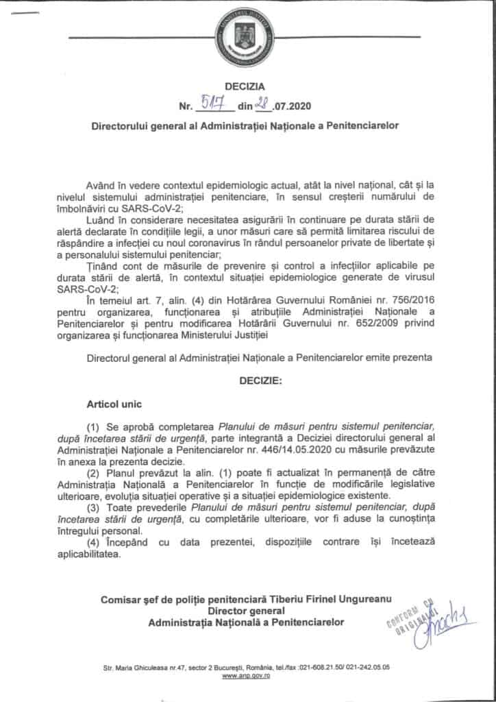 Decizia 517/28.07.2020 privind completarea planului de masuri pentru prevenirea coronavirusului
