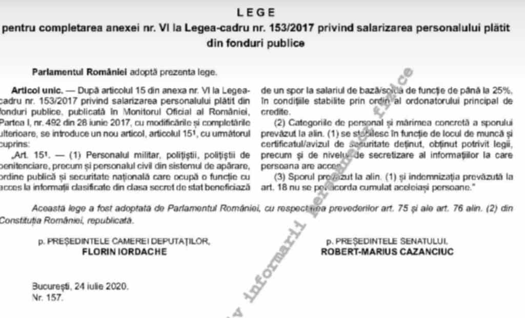 Modificare lege salarizare - plata spor secret de stat