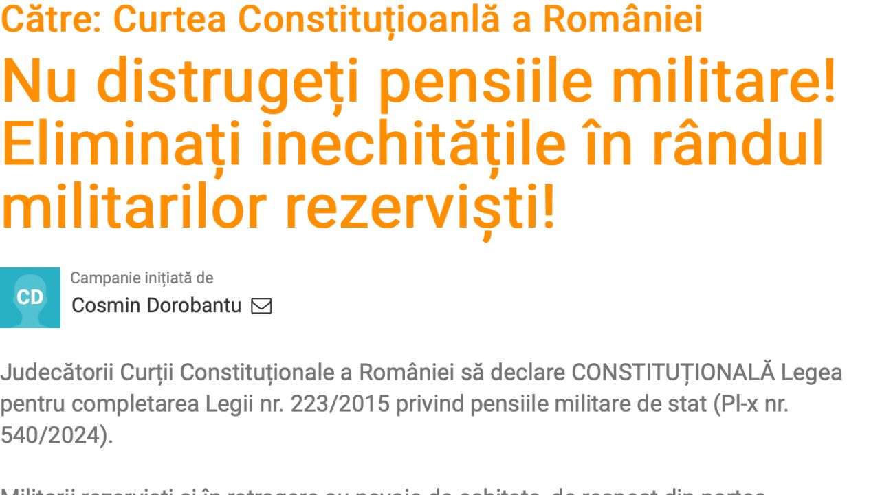 Semnează petiția! "Nu distrugeți pensiile militare! Eliminați inechitățile în rândul militarilor rezerviști!"